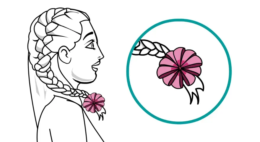 Dessin d'une femme avec une tresse ornée d'une fleur rose. Gros plan sur la tresse et la fleur dans un cercle.