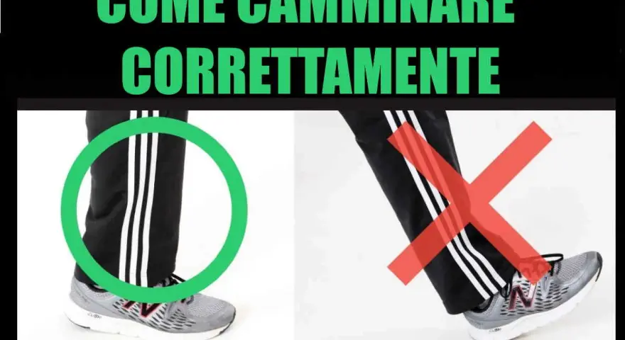 Immagine mostra come camminare correttamente: gamba sinistra con cerchio verde, gamba destra con croce rossa.