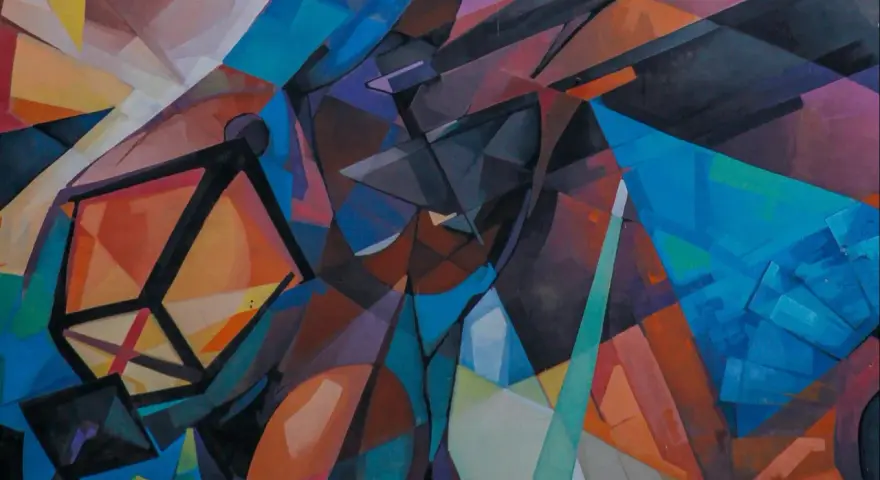 Abstrakte Komposition in leuchtenden Farben, die an den Stil des Kubismus erinnert. Geometrische Formen und Linien verschmelzen zu einem dynamischen Ganzen.