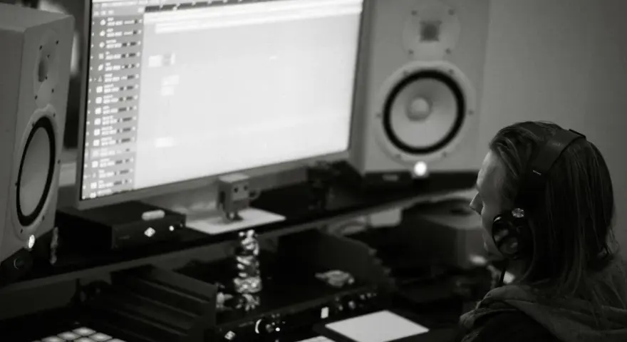 Producent muzyczny w słuchawkach tworzy beaty w studiu. Zastanawia się, czym się różni trap od rapu, analizując dźwięki na monitorze.