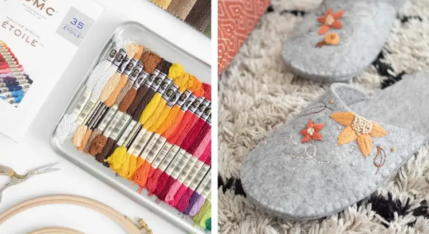 Fili colorati per ricamo a mano e pantofole grigie decorate con fiori ricamati.