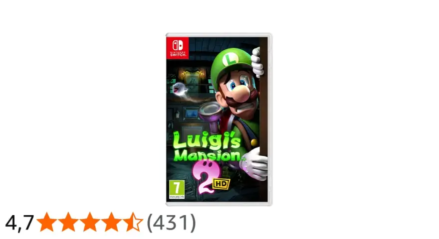 Luigi's Mansion 2 HD para Nintendo Switch. Luigi, asustado, se asoma tras una puerta, con un fantasma cerca.