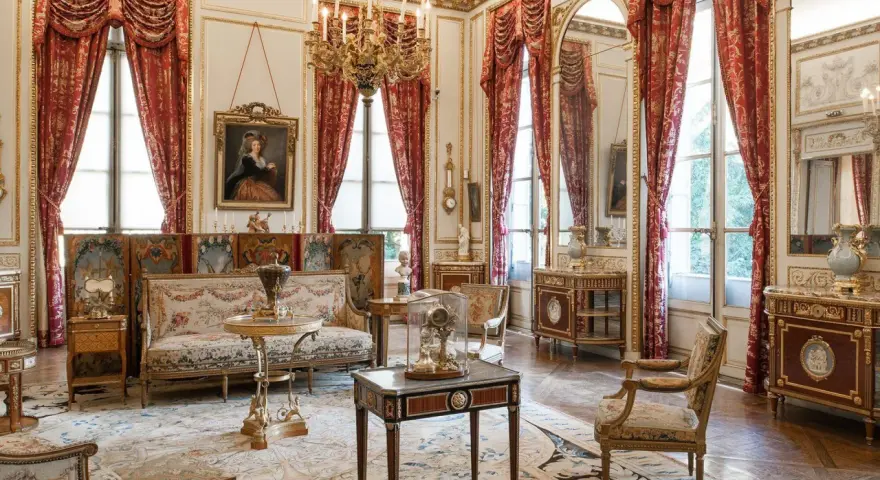 Salón del museo Nissim de Camondo, con tapices, muebles Luis XVI y un retrato.