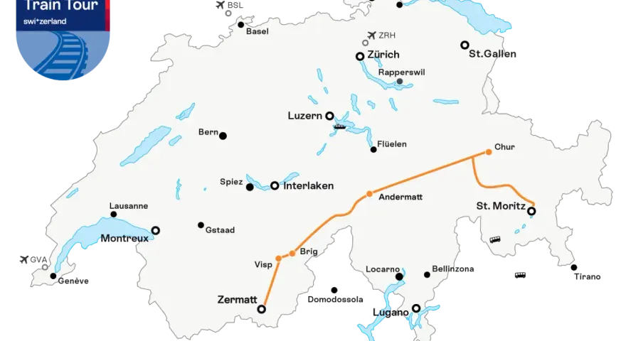 Map showing the Grand Train Tour of Switzerland. The route from Zermatt to Lugano is highlighted in orange, passing through Visp, Brig, Andermatt, and Locarno.