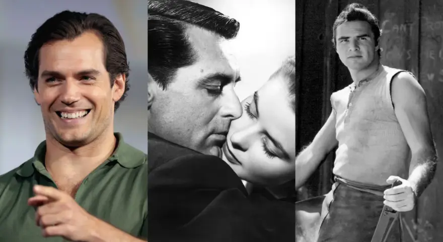 Uśmiechnięty Henry Cavill obok klasycznych scen filmowych.