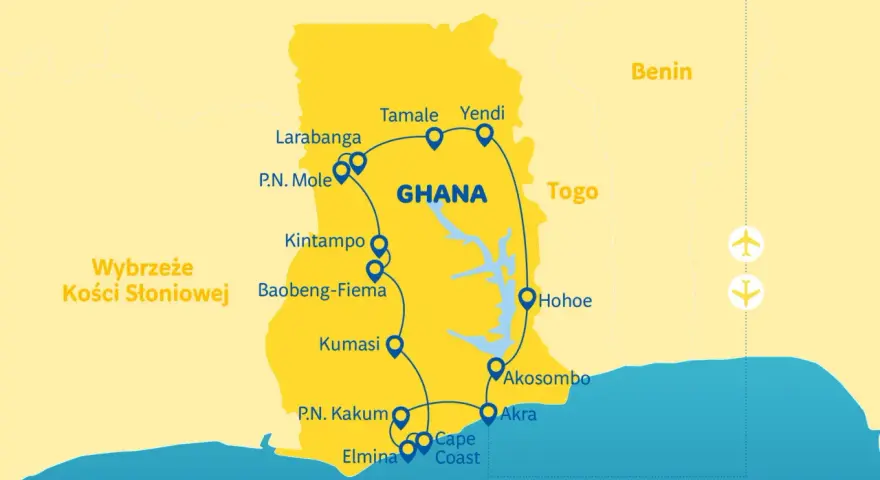 Mapa turystyczna **Ghana Afryka** z zaznaczonymi miastami: Akra, Kumasi, Tamale, wybrzeże Kości Słoniowej. Trasa obejmuje parki narodowe i historyczne miejsca.