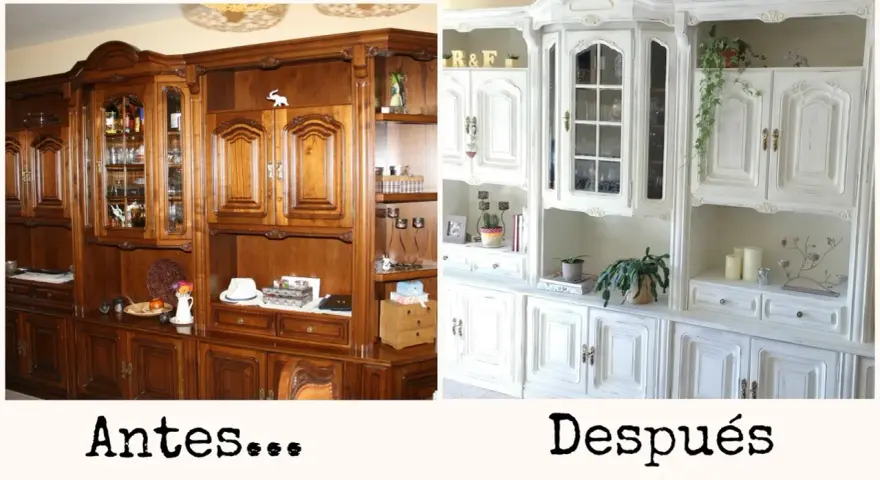 Mueble de madera oscuro transformado a blanco, mostrando cómo decorar muebles con papel decoupage para un estilo renovado y luminoso.