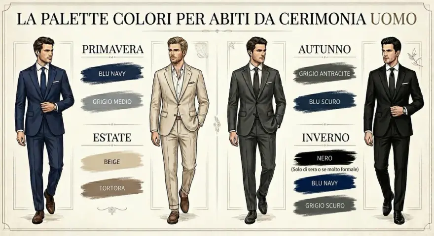 Uomo elegante in abito blu scuro, ideale per un matrimonio. La palette colori suggerisce tonalità per ogni stagione.