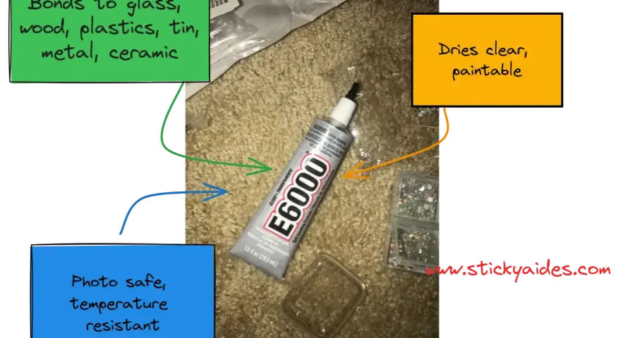 E6000 glue tube shown with notes about its uses. Does E6000 work on silicone? This adhesive bonds to many materials, dries clear, and is paintable.