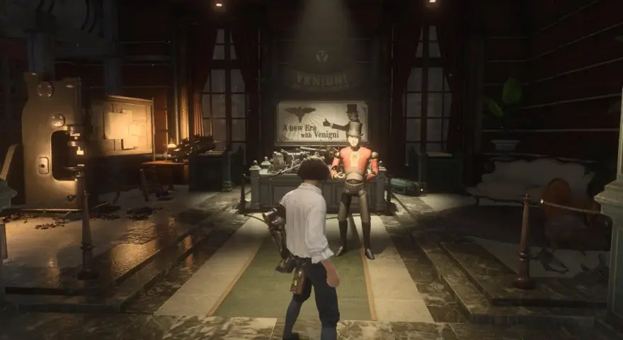 Sophia, en Lies of P, se encuentra con un autómata en un taller.