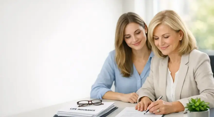 Deux femmes souriantes signent des documents. L'une d'elles rédige une procuration assurance vie.