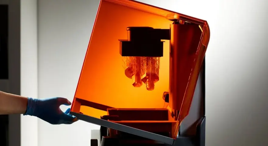 A gloved hand opens the orange lid of a stereolithography 3D printing machine, revealing intricate parts being built layer by layer.