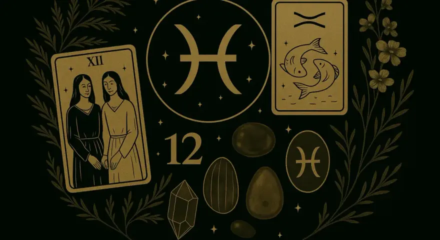 Ryby, jaki żywioł? Symbol zodiaku, karty tarota i kamienie szlachetne tworzą mistyczną kompozycję.