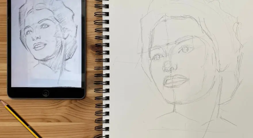 Un boceto a lápiz de un retrato en una tableta inspira un nuevo dibujo en un cuaderno. Aprende como dibujar un retrato observando los pasos.