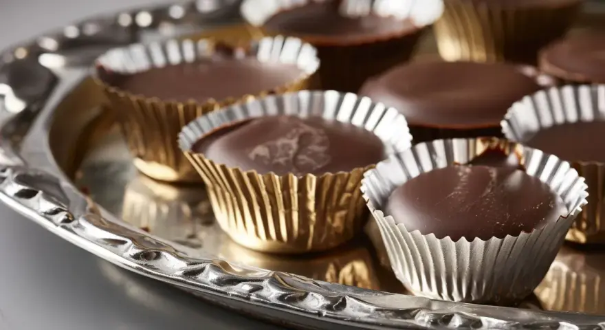 Chokladpraliner i guldfärgade formar på ett silverfat. Perfekt för ett enkelt ischoklad recept.