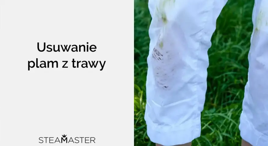 Jak zmyć trawę z butów? Białe spodnie poplamione zielonymi śladami po zabawie na trawie.