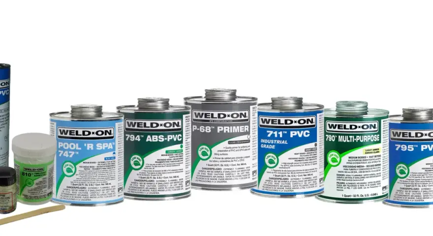A collection of Weld-On PVC cements and primers, including a tube of 719™ PVC Industrial Grade, cans of Pool 'R Spa 747™, 794™ ABS-PVC, P-68™ Primer, 711™ PVC Industrial Grade, 790™ Multi-Purpose, and 795™ PVC.