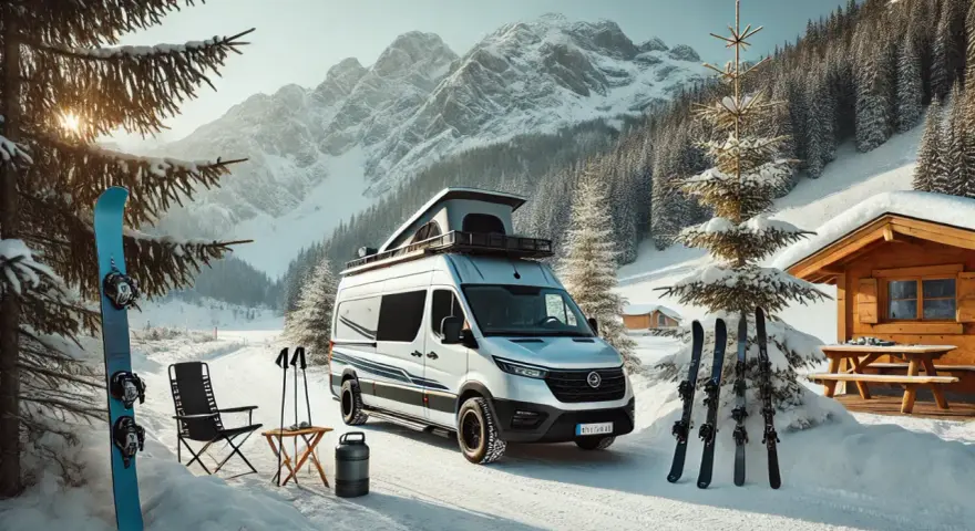 Gotowy na przygodę! Kamperem na narty, z deską snowboardową i nartami czekającymi na śnieżne stoki. Góry i lasy w tle zapraszają.