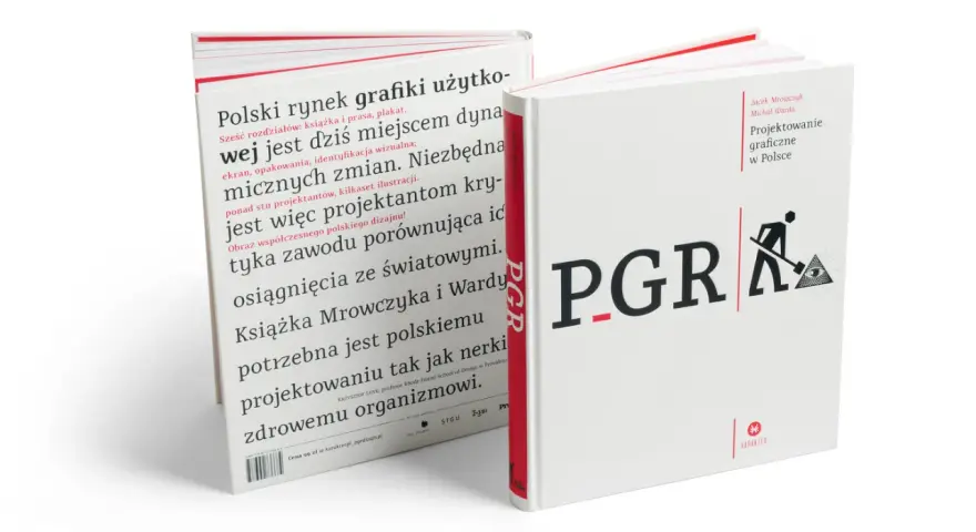 Dwie białe książki o projektowaniu graficznym. Jedna z nich opisuje polski rynek grafiki użytkowej, druga nosi tytuł "Projektowanie graficzne w Polsce".