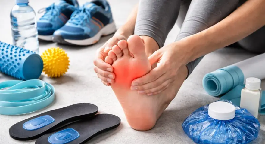 Mani che massaggiano un piede dolente, circondate da attrezzature per la cura dei piedi: scarpe, solette, rulli, palline massaggianti, elastici e impacchi freddi.