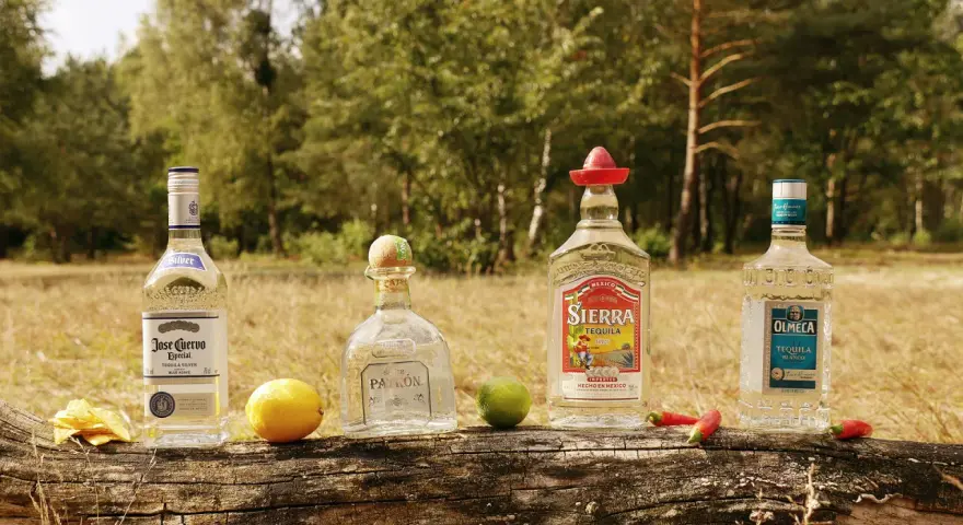 Vier Flaschen Tequila, darunter Jose Cuervo Especial Silver, Sierra Tequila Silver und Olmeca Tequila Blanco, liegen auf einem Baumstamm. Ein Zitronen- und ein Limettenstück sowie Chilis und Tortilla-Chips vervollständigen das Bild. Ob Tequila gold ode...