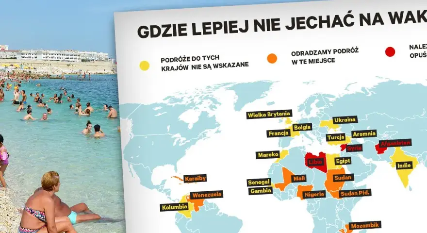 Mapa świata z zaznaczonymi krajami, do których odradza się podróże. Idealna do planowania fajnych miejsc na wakacje za granicą, ale z uwagą na te oznaczone na czerwono.