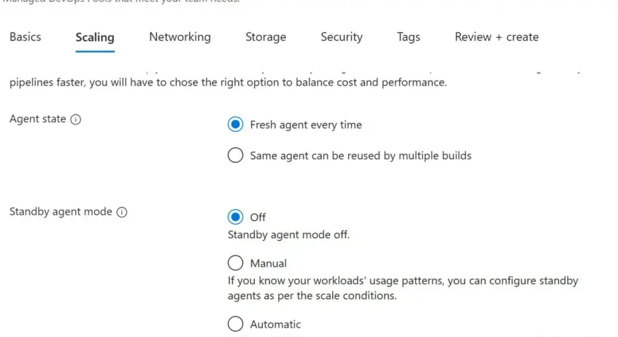 Einstellungen für den Azure DevOps Agent: Agent-Zustand (frisch oder wiederverwendbar) und Standby-Modus (aus, manuell, automatisch).