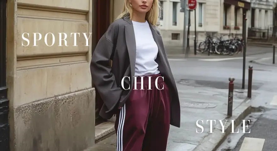 Modella con un outfit vestito con sneakers, blazer grigio, t-shirt bianca e pantaloni bordeaux a righe. Stile sporty chic.