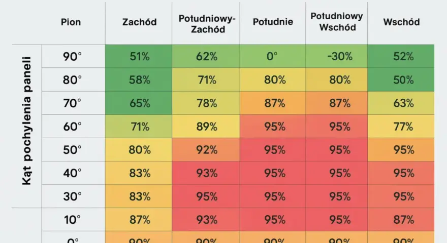 Tabela pokazuje optymalny azymut paneli fotowoltaicznych dla różnych kątów pochylenia, aby uzyskać maksymalną wydajność.