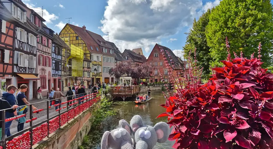 Deux peluches souris posent devant les maisons colorées de Colmar, une destination idéale pour visiter Colmar en 1 jour. Une barque navigue sur le canal.