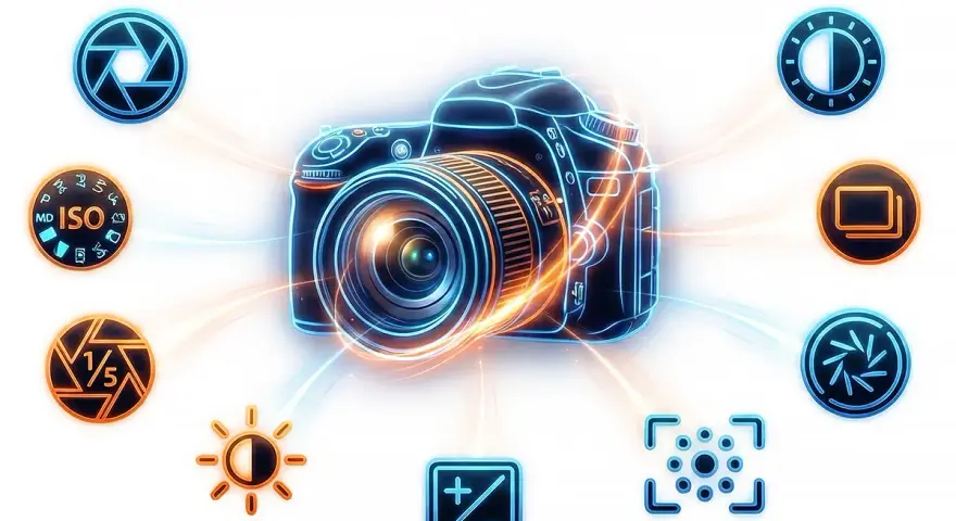 Stylizowana fotografia produktowa ustawienia aparatu: ikony przysłony, ISO, balansu bieli, ekspozycji i trybów fotografowania otaczają cyfrowy aparat.