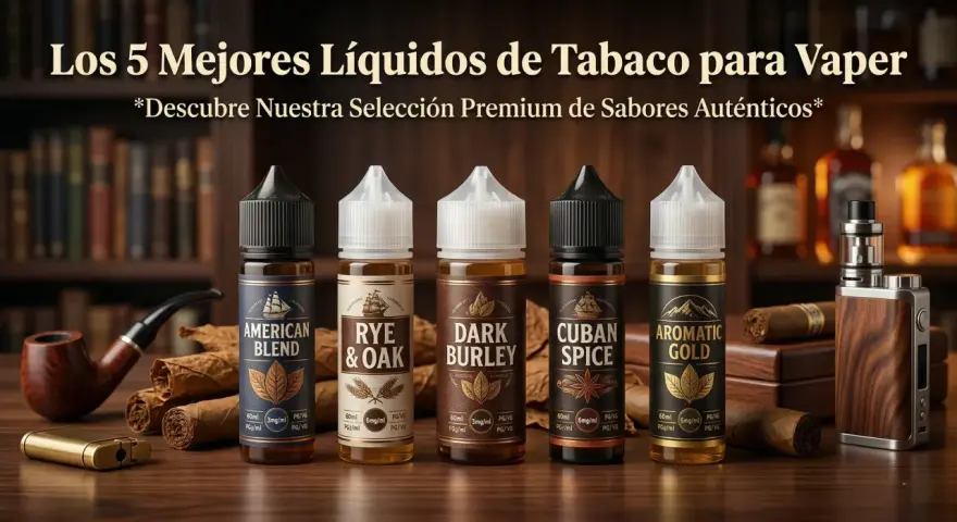 Cinco botellas de eliquid con sabores a tabaco: American Blend, Rye & Oak, Dark Burley, Cuban Spice y Aromatic Gold.