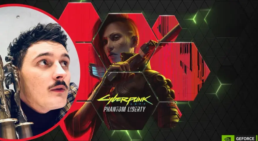 Dawid Podsiadło w stylizacji cyberpunk, obok postaci z gry Cyberpunk 2077: Phantom Liberty.