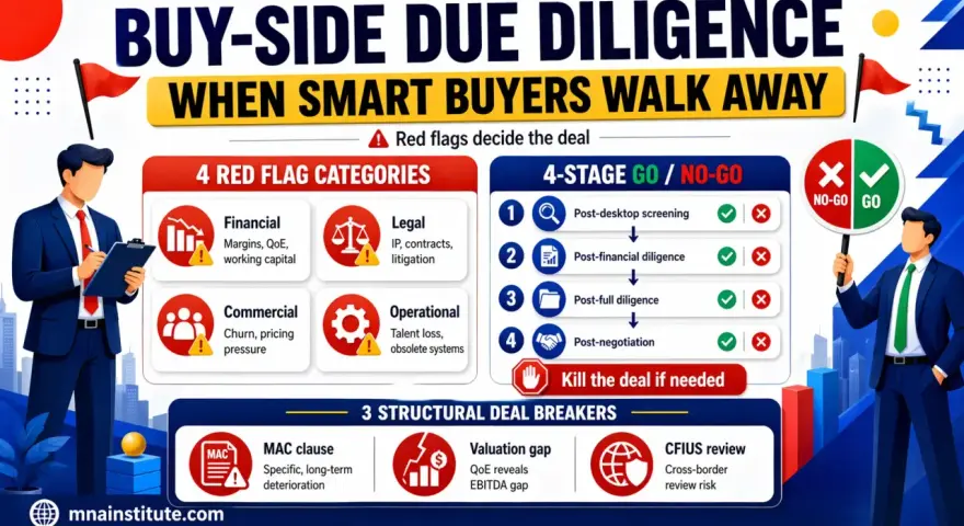 Buy-side due diligence checklist: 4 red flag categories, 4-stage go/no-go process, and 3 structural deal breakers.