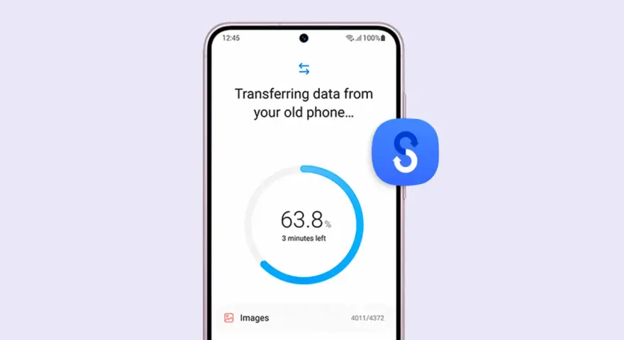 Telefonen överför appar och data från en gammal enhet. 63,8% klart, 3 minuter kvar.