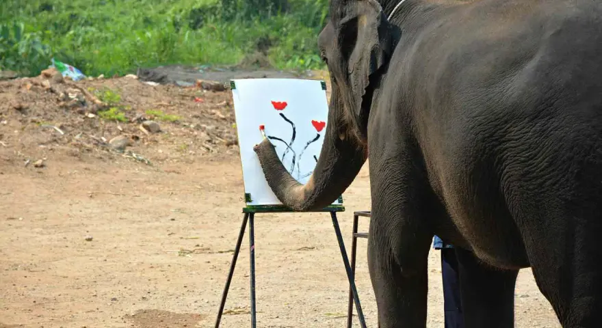 En elefant målar blommor på en duk med sin snabel.