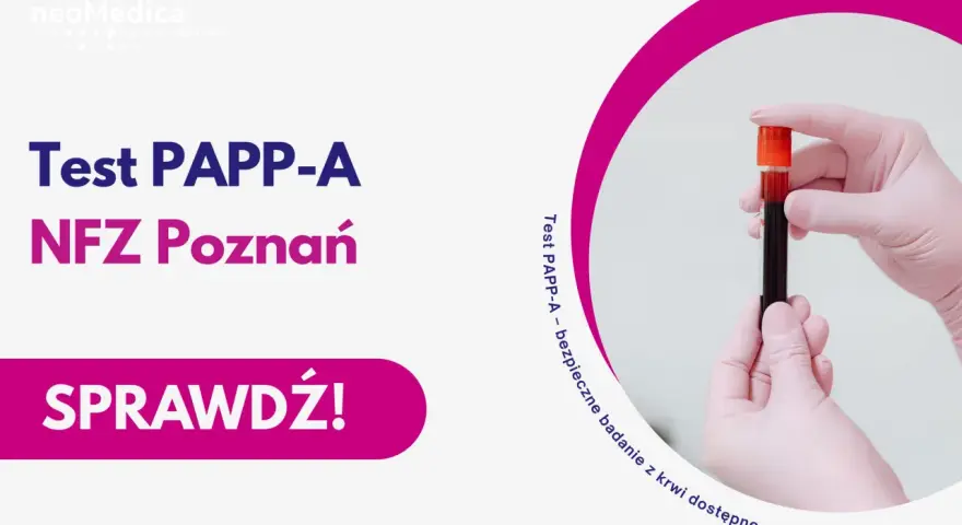 Rękawiczka z różowej lateksu trzyma probówkę z krwią do badania **test PAPP-A**. Sprawdź w NFZ Poznań.