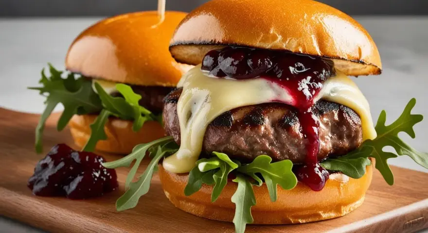 Dwa soczyste burgery wołowe z serem, konfiturą i rukolą na desce.