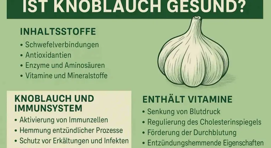 Knoblauch ist gesund! Die Grafik zeigt, dass er Schwefelverbindungen, Antioxidantien, Enzyme, Aminosäuren, Vitamine und Mineralstoffe enthält. Er stärkt das Immunsystem und fördert die Durchblutung.