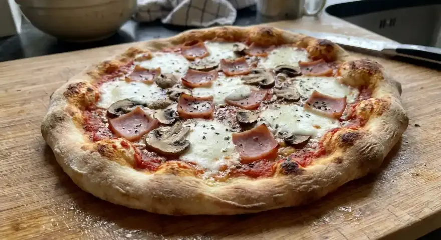 En härlig hemmagjord pizza med skinka och champinjoner, redo att avnjutas.