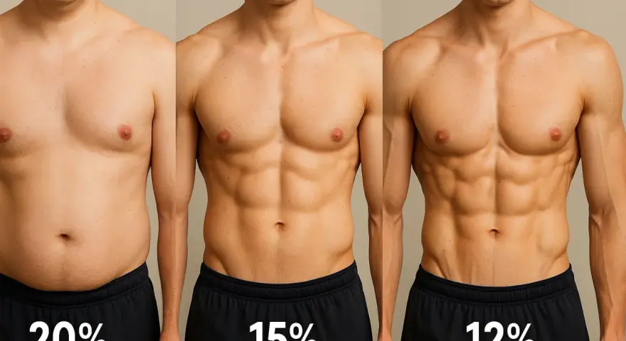 Trois hommes montrent leur progression : 20%, 15% et 12% de masse grasse. La musculation sèche et une alimentation contrôlée, incluant les glucides, transforment le corps.