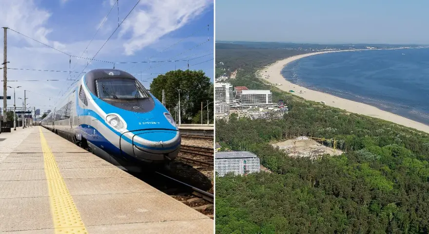 Szybki pociąg Pendolino na stacji i widok na plażę z mewą w tle.