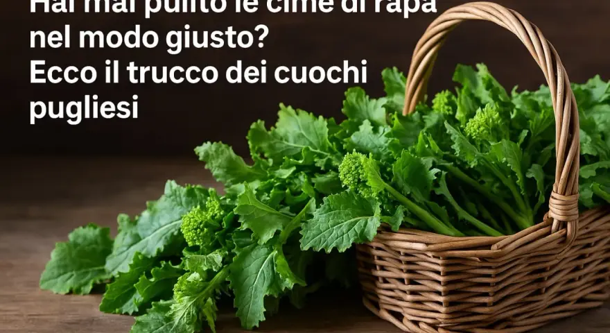 Cime di rapa fresche in un cesto di vimini, pronte per gustose ricette pugliesi.