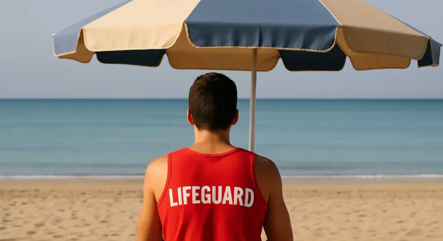 Giovane bagnino sorveglia la spiaggia, un'idea per lavori estivi per minorenni.