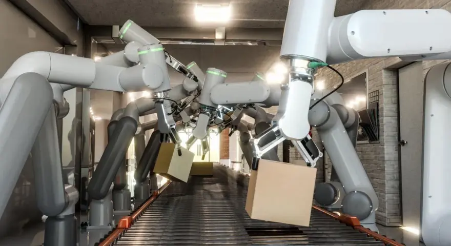 Wiele ramion robotów współpracujących chwyta kartony na linii produkcyjnej.