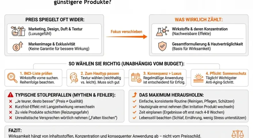 Was ist Anti-Aging-Creme? Die Grafik erklärt, dass Wirkstoffe, Konzentration und Hautverträglichkeit zählen, nicht der Preis.