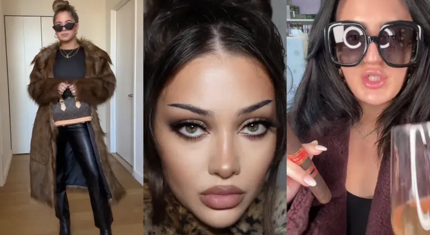Kobiety w stylu mob wife makeup: futro, skóra, cygaro i drink.