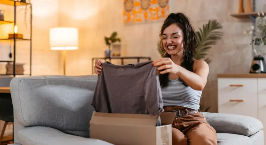 Mujer sonriente desempaqueta una camiseta gris. Espera que las medidas cuerpo sean perfectas.
