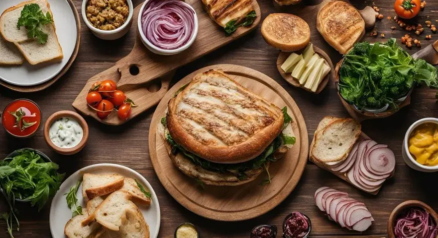 Unikaj objawów niedopasowania menu do gości! Oto jak uwzględnić diety vege i keto: grillowane kanapki, świeże warzywa, sosy i pieczywo.