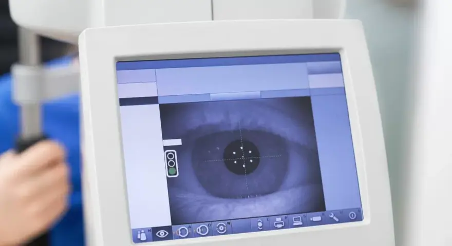 Schermo di un oftalmoscopio che mostra un occhio, con mirini per la diagnosi. Utile per capire come si cura la schisi retinica.
